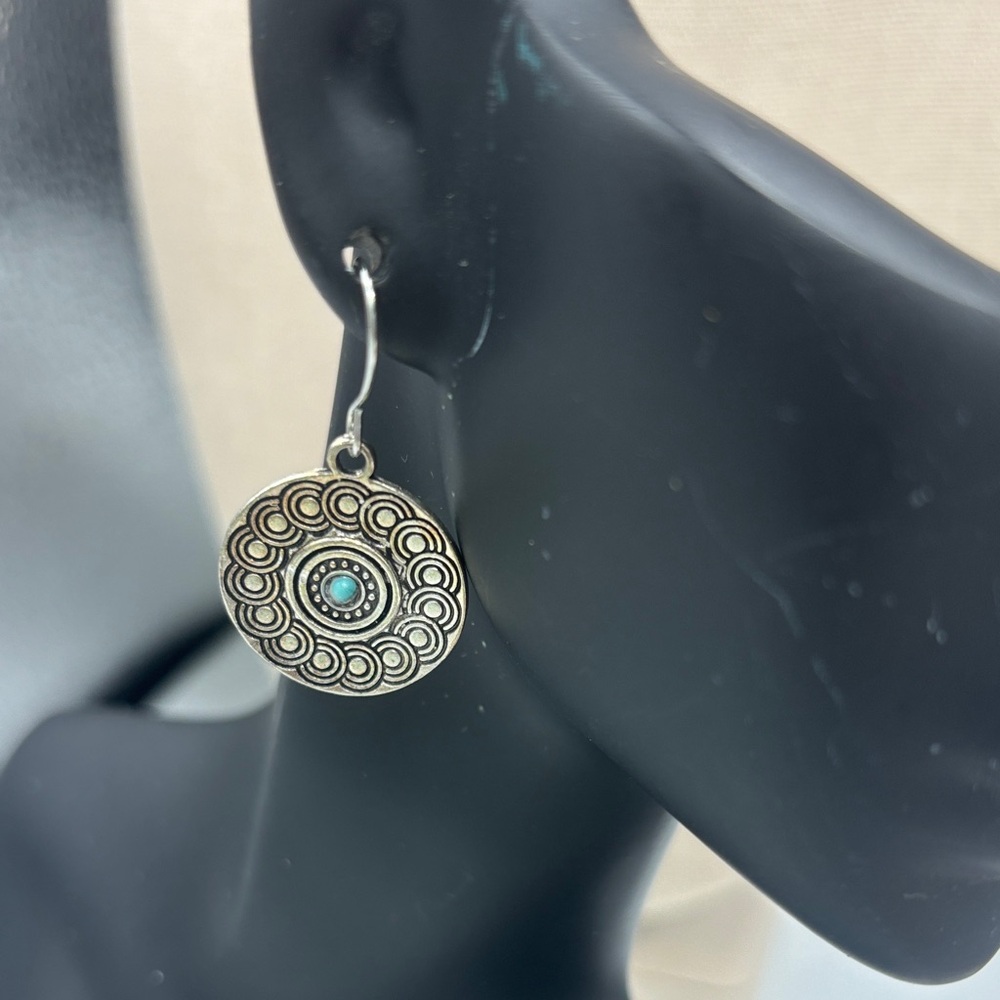 Vintage Turquoise Accent Silver-Tone Disc Drop Earrings